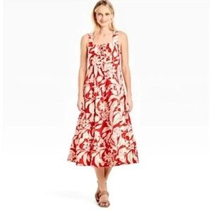 Floral Linen Blend Lace Up Dress Flower Maxi Pockets Who What Wear Size S NWT